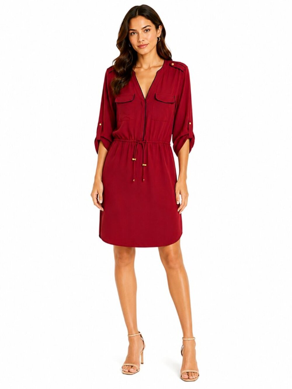 H&M Loose Fit Midi Shirt Dress V neck Burgandy Size 6 NWT